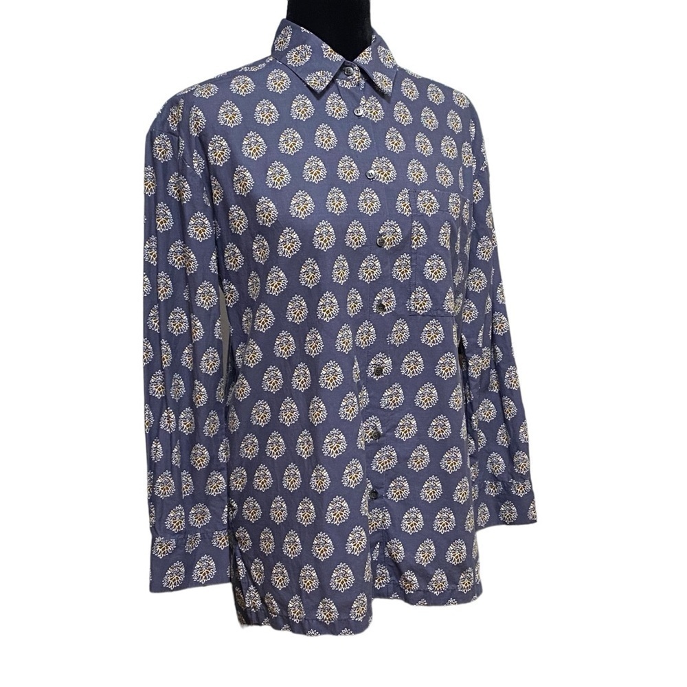 Madewell Blue Medallion Print Tunic XS High Low Hem Button Front Pockets - Picture 2 of 8